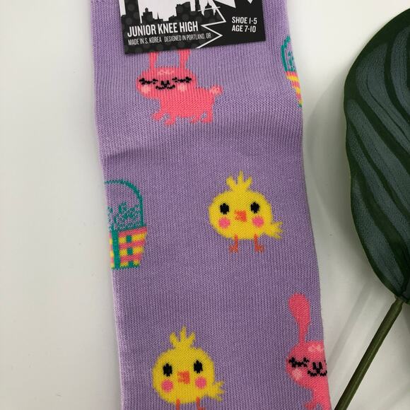 Sock It To Me Purple Pink Yellow Easter Bunny Basket Chick Junior Knee High Sock - Picture 4 of 10
